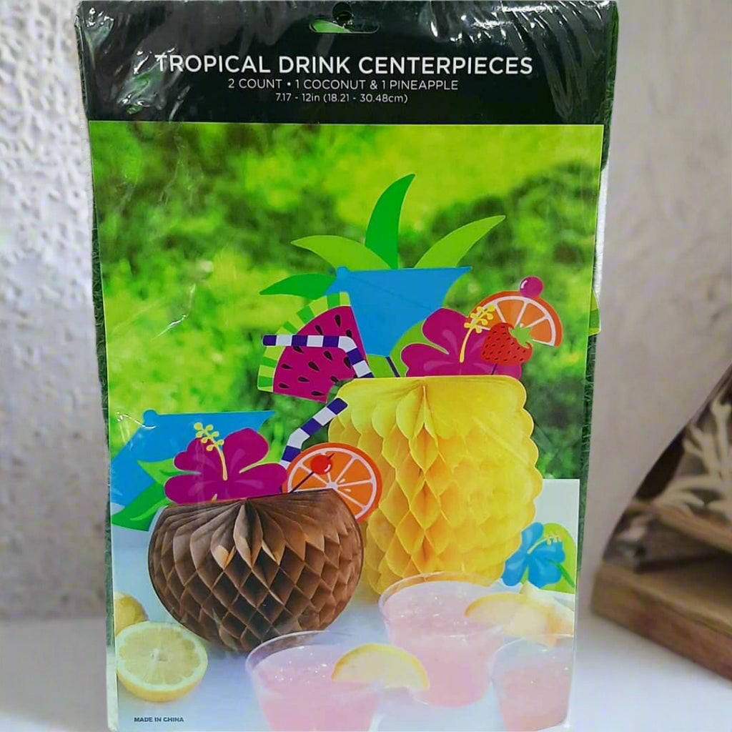 Tropical Drink 2 Pcs Paper Centerpieces Decoration Pineapple Coconut