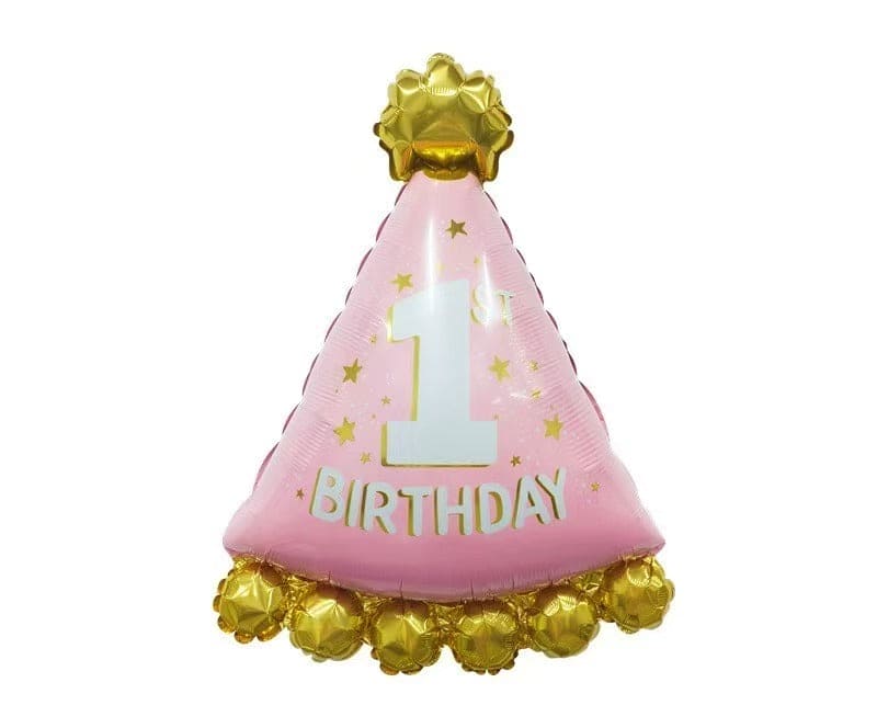 قبعة عيد ميلاد الفتاة الأولى بالون من رقائق معدنية وردية