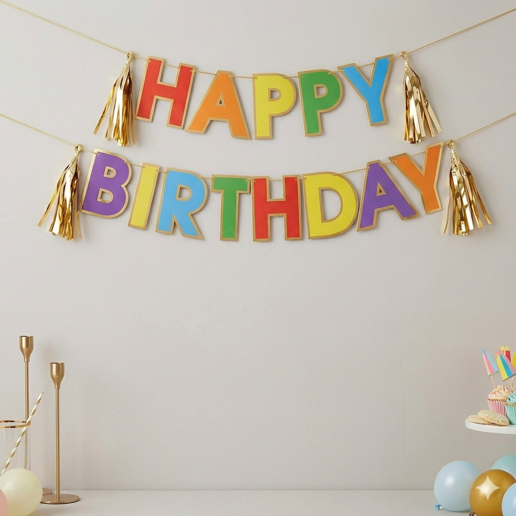 Happy Birthday Shiny Gold and Rainbow Color Banner