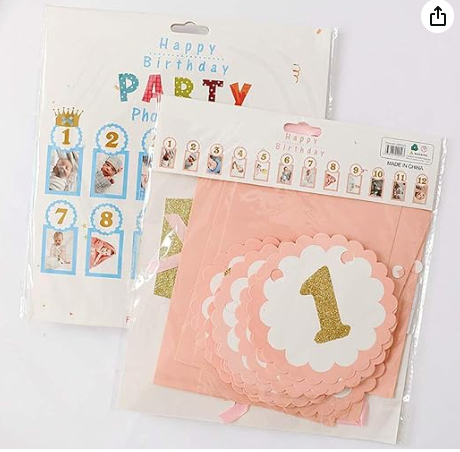 1st Birthday Crown Numbered Picture Frame Pink Glitter Banner