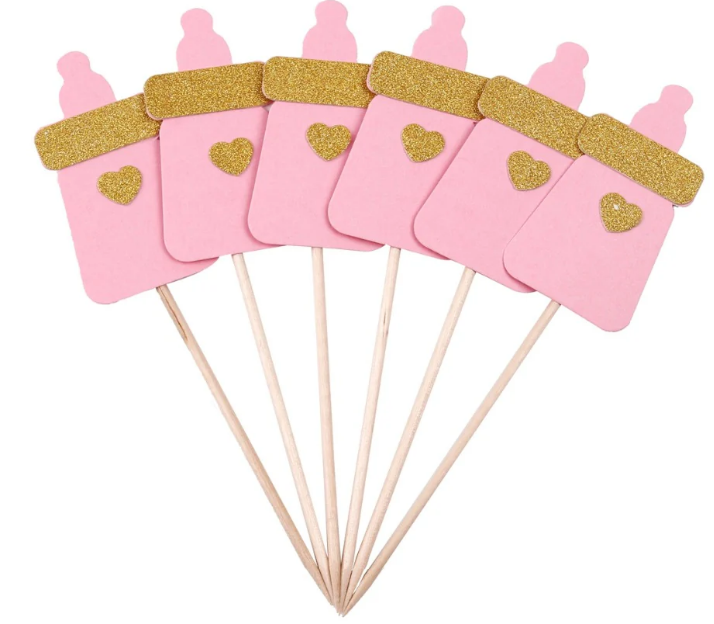 زينة كعكة كرتونية بتصميم زجاجة رضاعة وردية لطفلة، 3 قطع