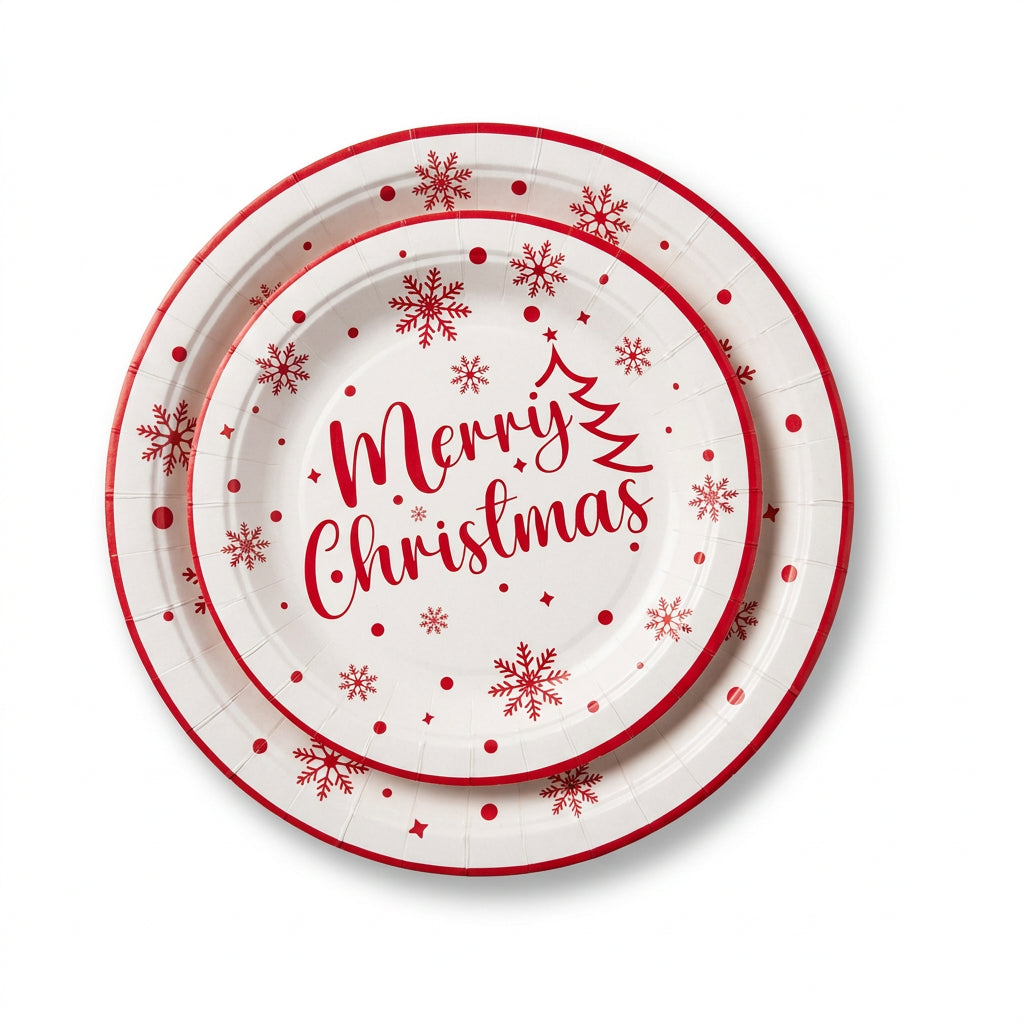 White and Red Merry Christmas Snowflake Paper Plates 12 Pieces 9 Inch and 7 Inch