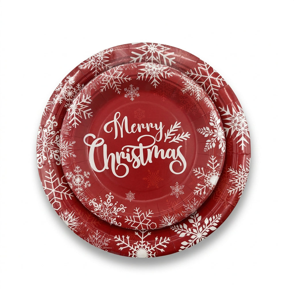Red and White Merry Christmas Snowflake Paper Plates 12 Pieces 9 Inch and 7 Inch