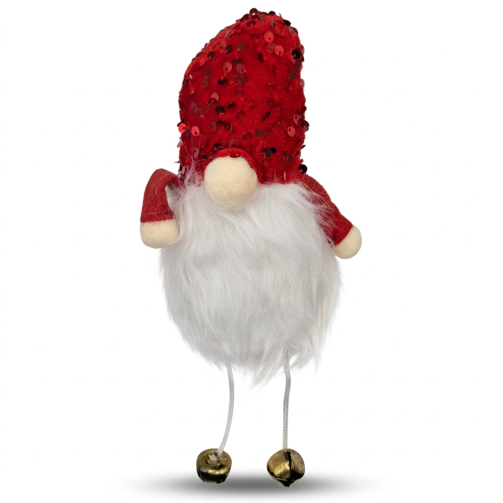 Red Sequin Plush Christmas Gnome with Jingle Bell Legs 25cm