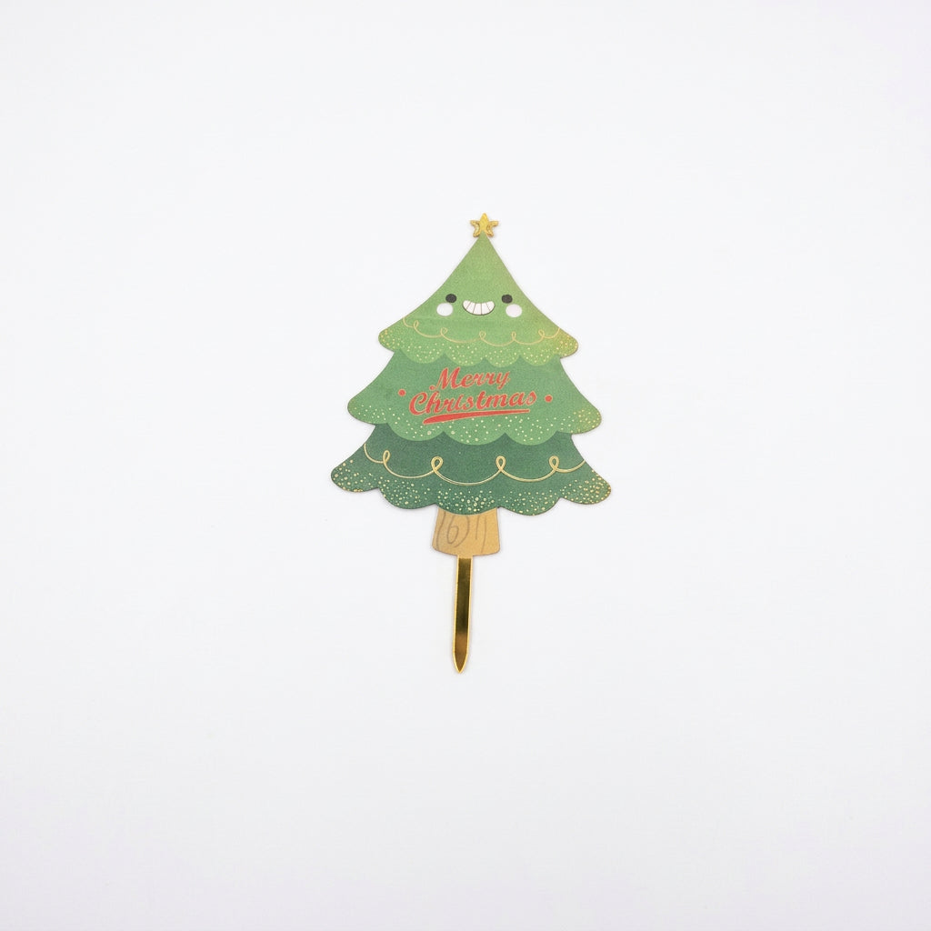 Smiling green Christmas tree Merry Christmas cake topper