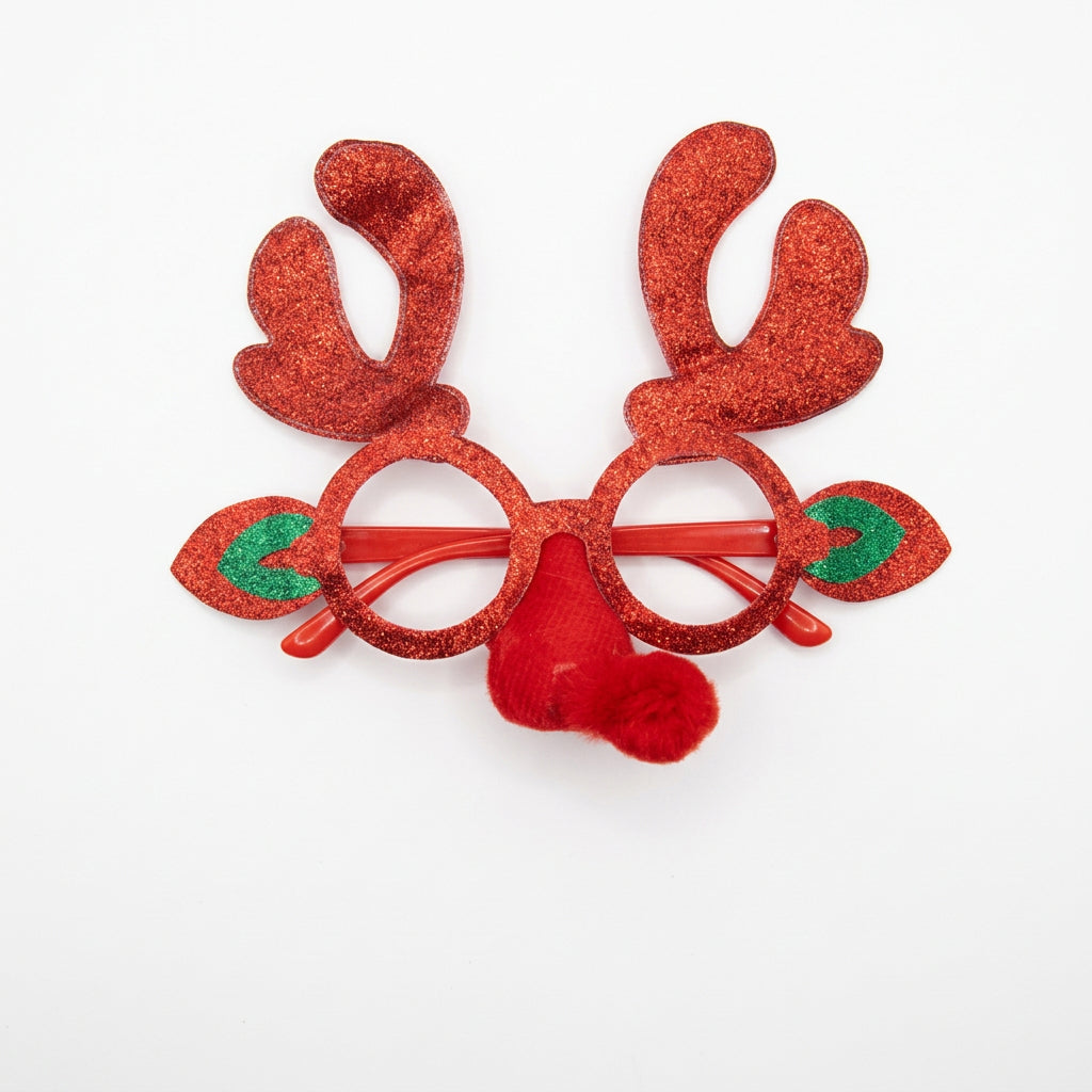 Red glitter reindeer Christmas party glasses with red nose