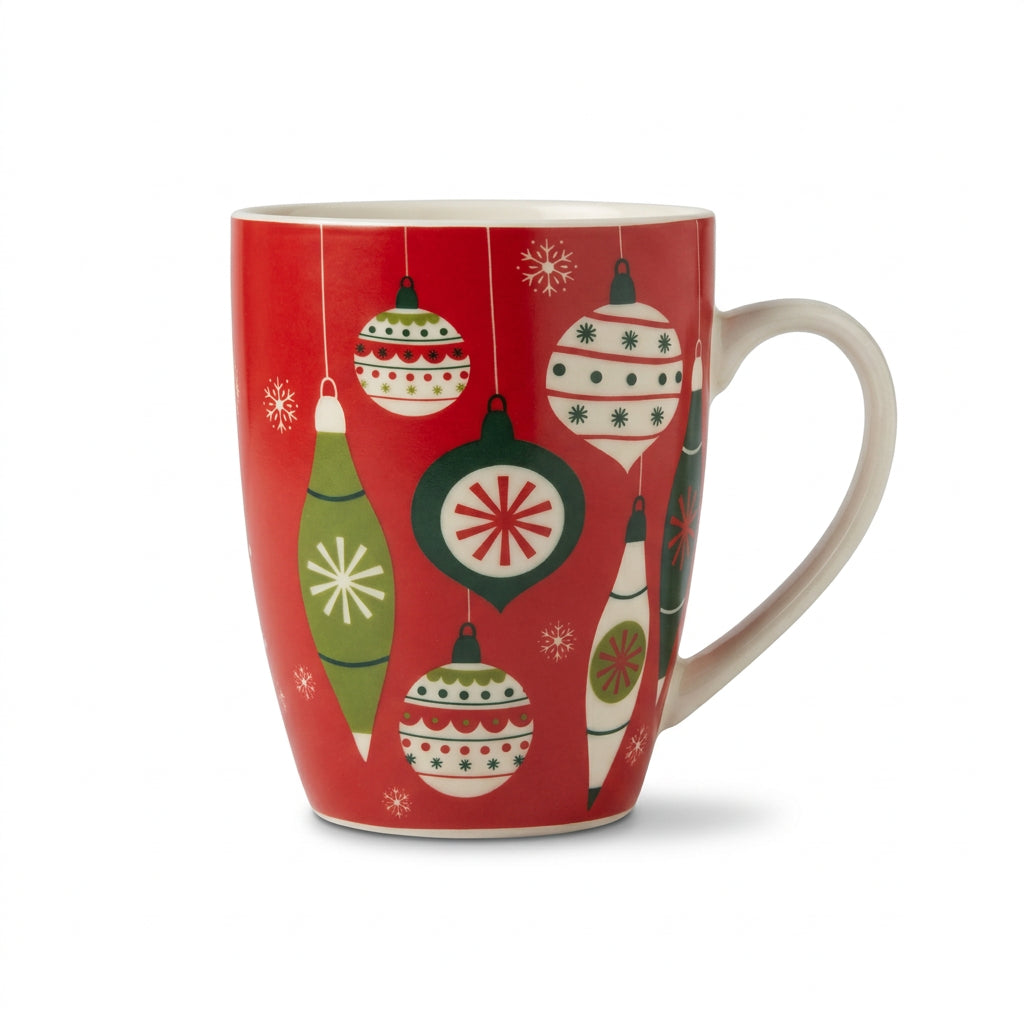 Red Christmas mug with retro hanging ornaments