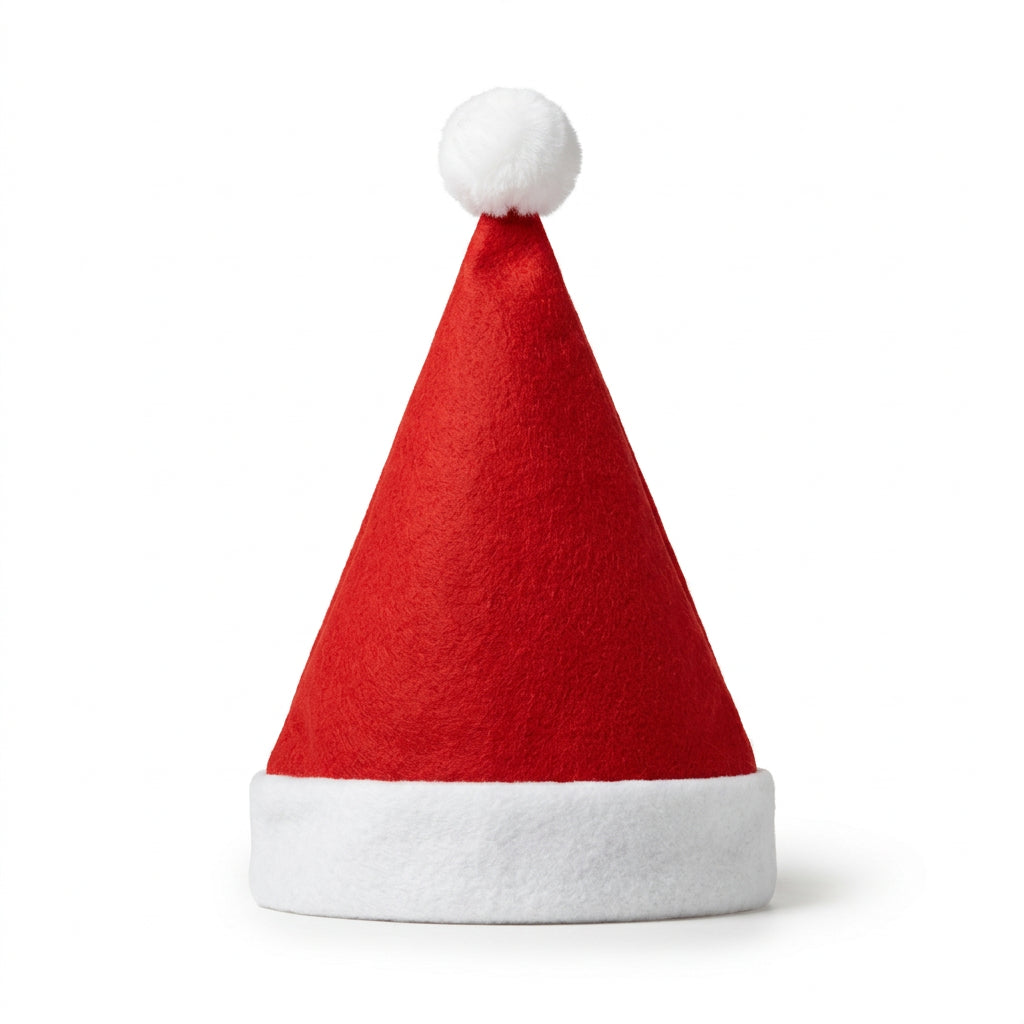 Red Santa hat with white cuff and pom pom