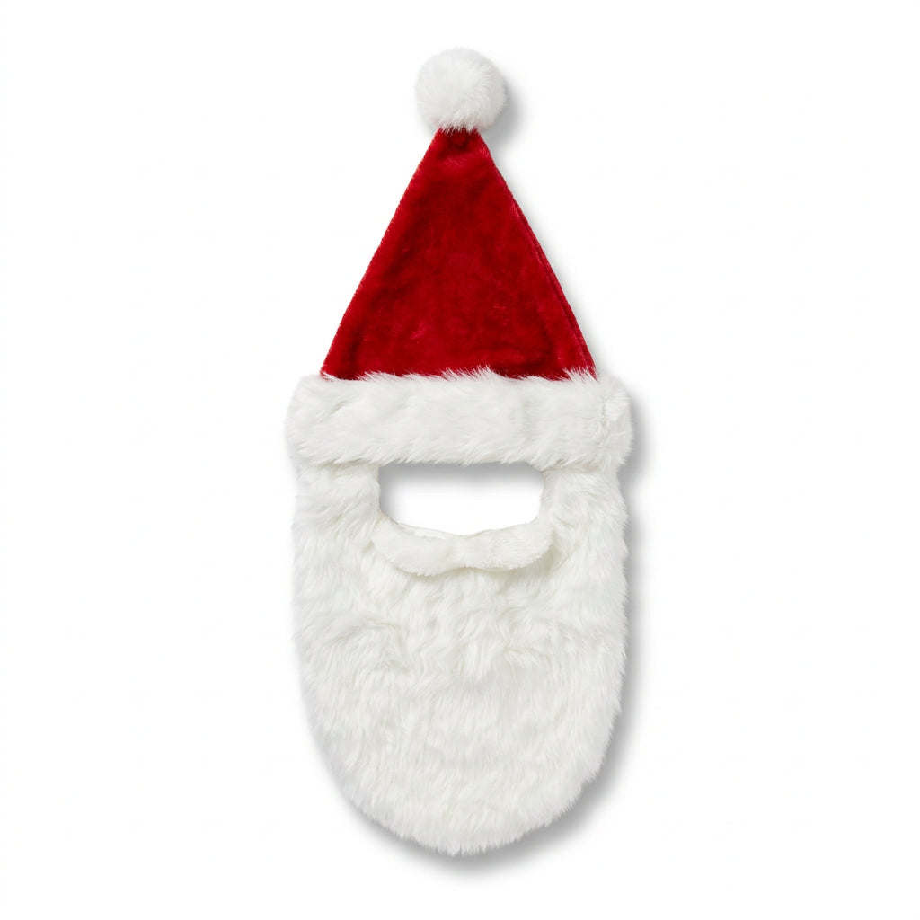 Red plush Santa hat with attached white beard