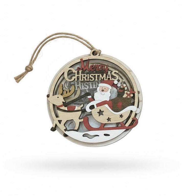 Merry Christmas Santa And Reindeer Round Tree Pendant