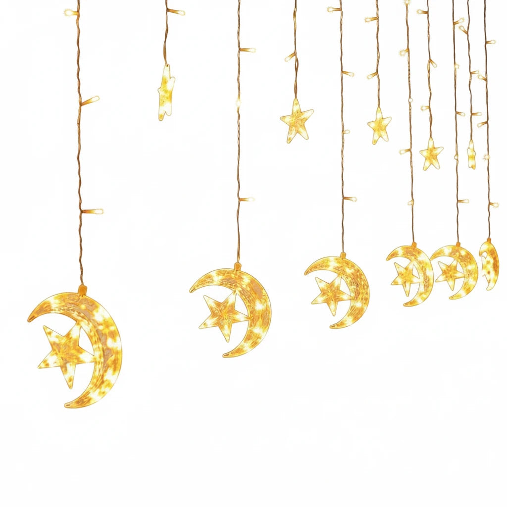 Stars and Crescent LED String Warm Lights,  Decor Curtain with Built-in Remote, 3m Length, 80cm Height,