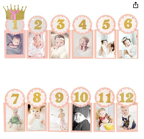 1st Birthday Crown Numbered Picture Frame Pink Glitter Banner