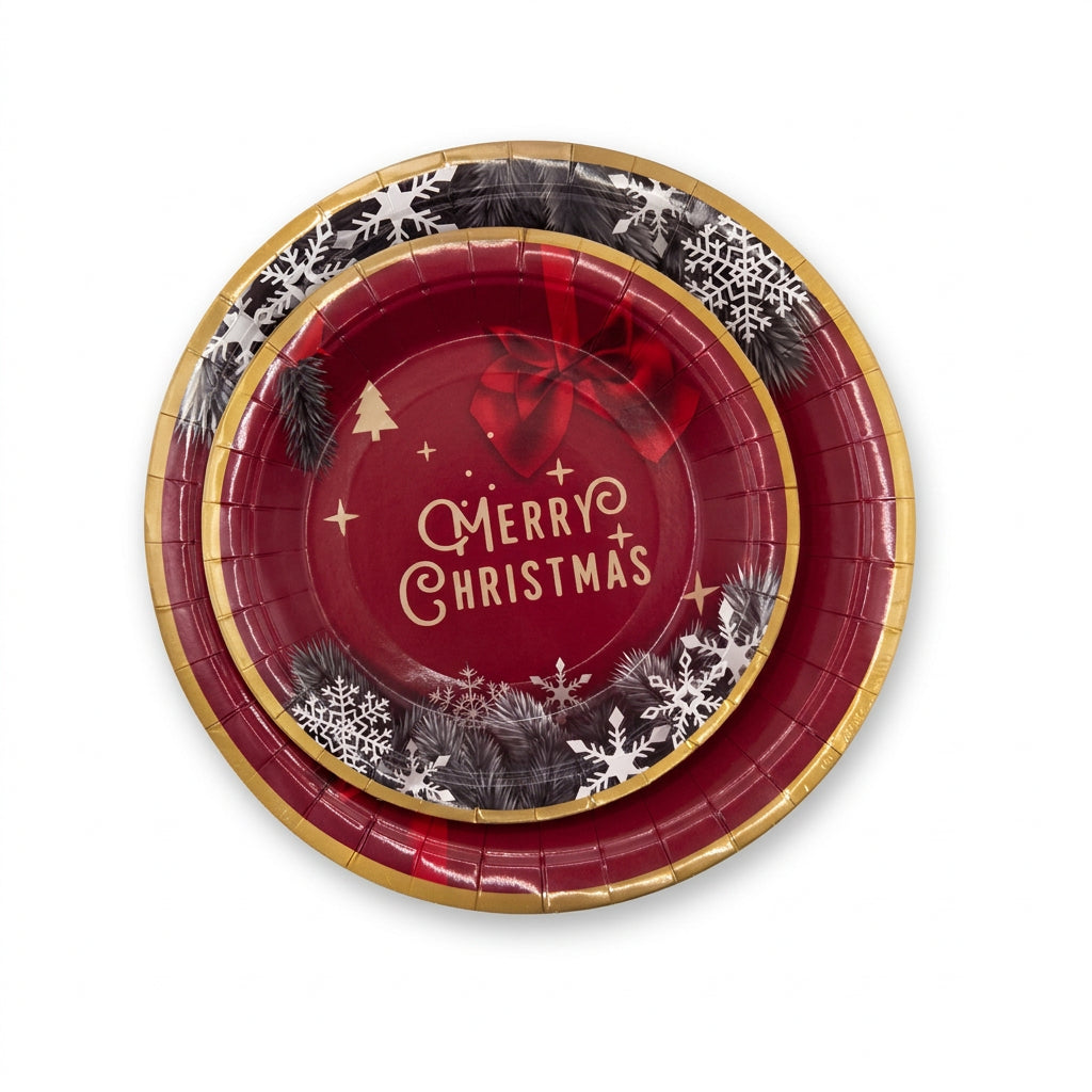 Burgundy and Gold Merry Christmas Paper Plates 12 Pieces 9 Inch and 7 Inch