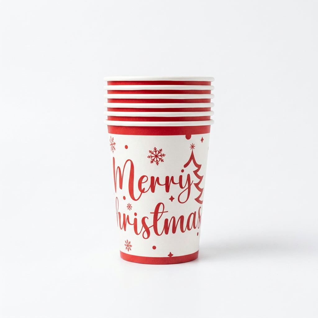 White and Red Merry Christmas Snowflake Paper Cups 6 Pieces