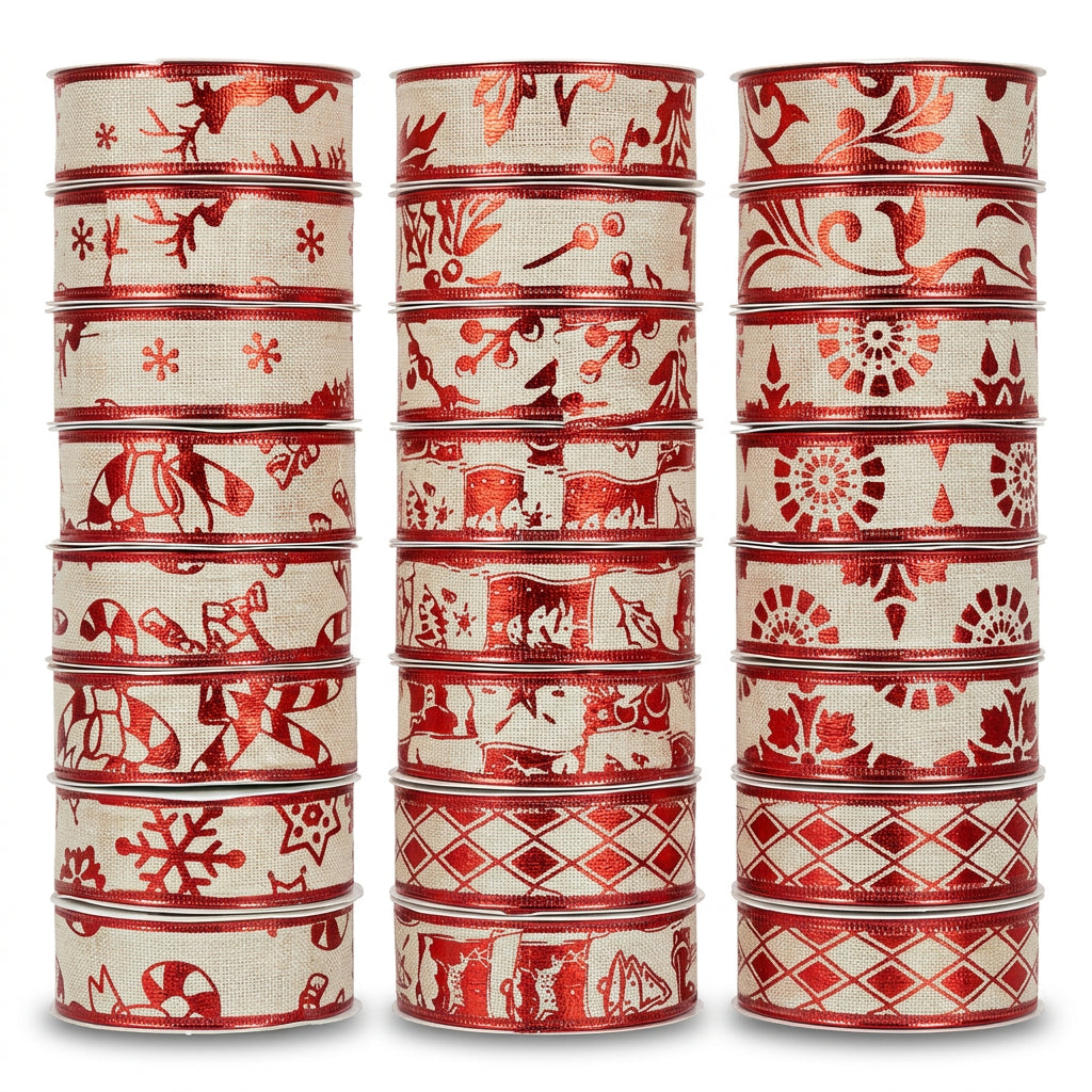 Beige and Red Christmas Ribbon Rolls 24 Pieces 3cm