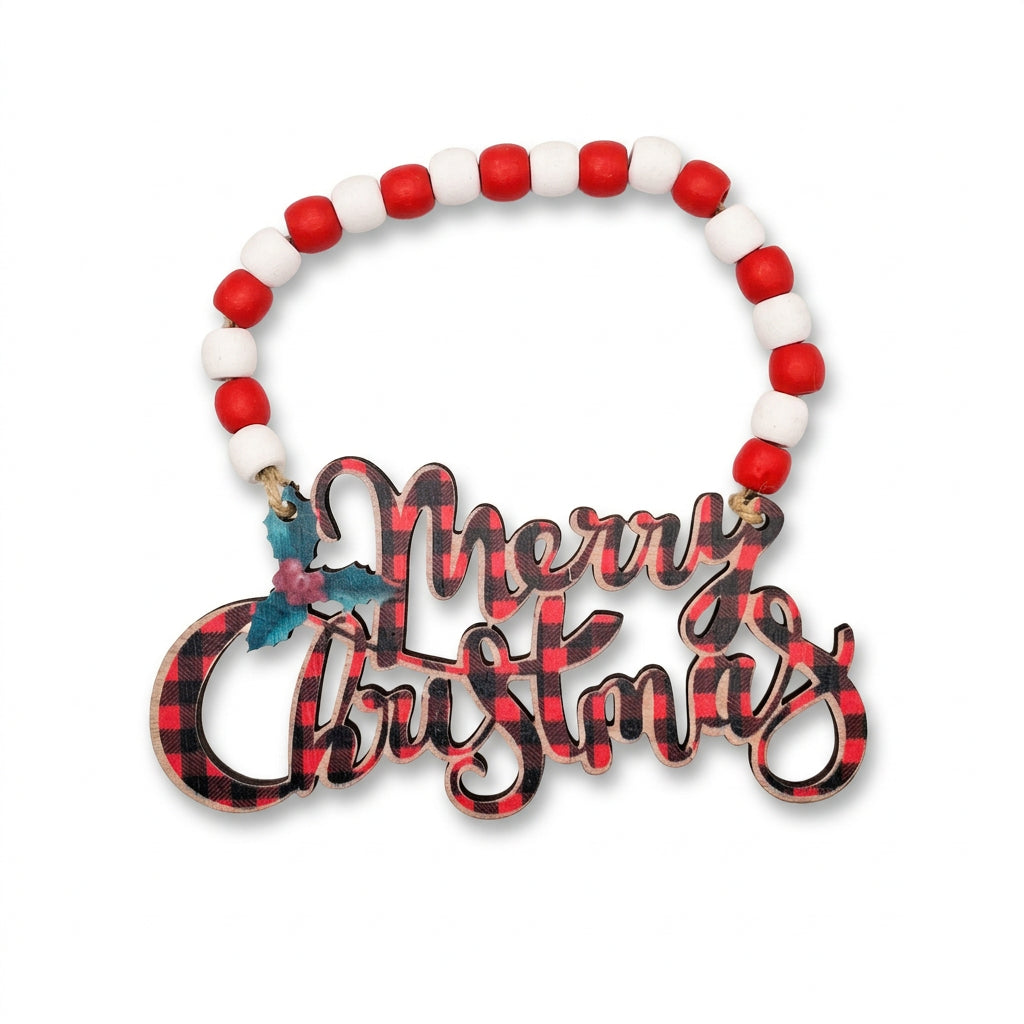 Buffalo plaid Merry Christmas sign with red and white bead hanger