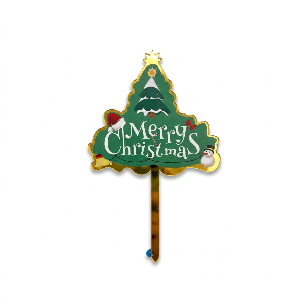 Green Christmas tree Merry Christmas cake topper with gold frame