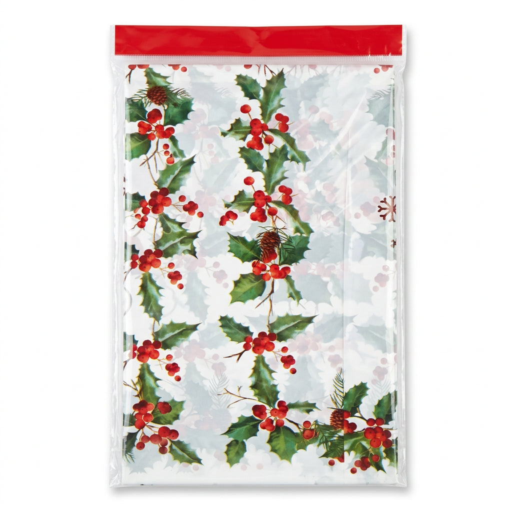 White Christmas table cover with holly leaves, red berries and pine cones