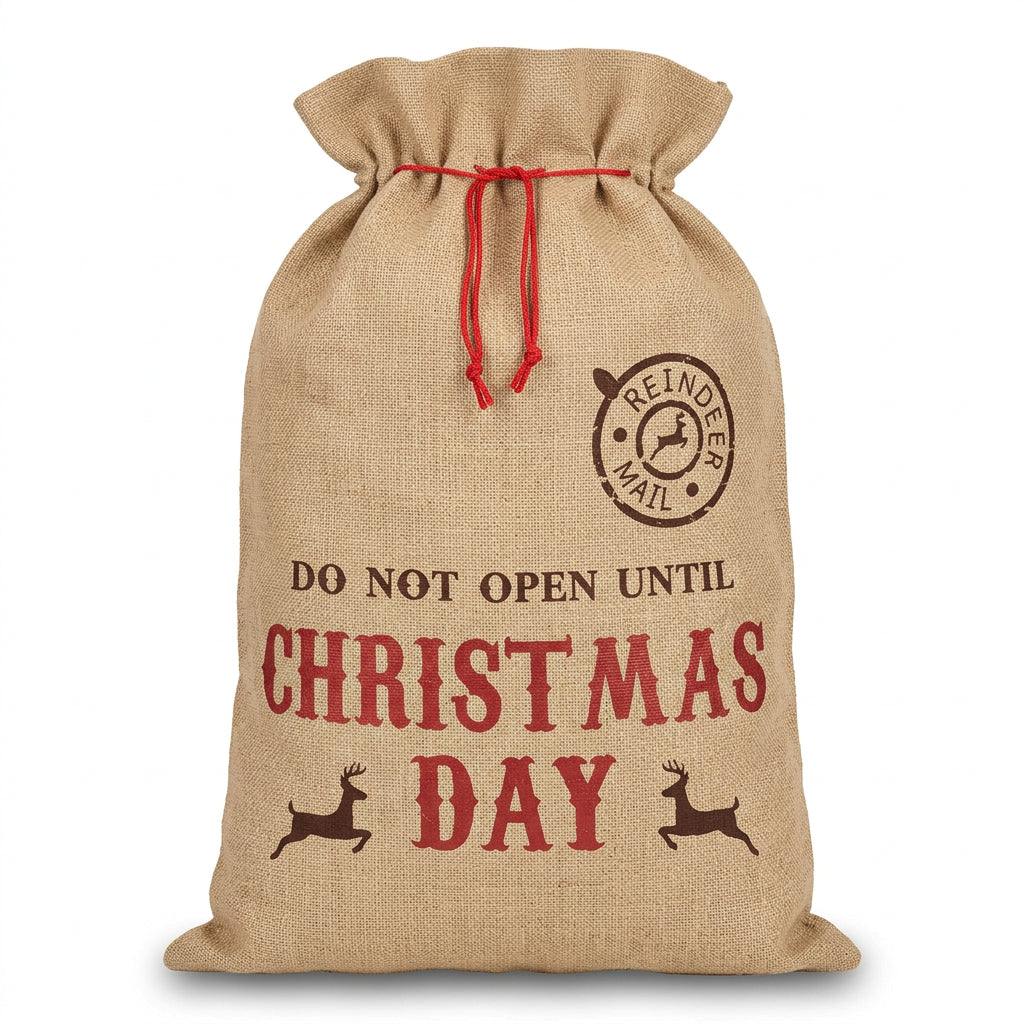 Do Not Open Until Christmas Day burlap gift sack with red drawstring