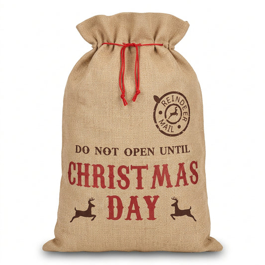 Do Not Open Until Christmas Day burlap gift sack with red drawstring