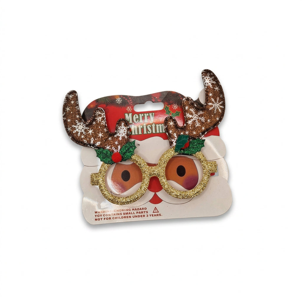 Christmas party glasses with brown antlers and gold glitter frame
