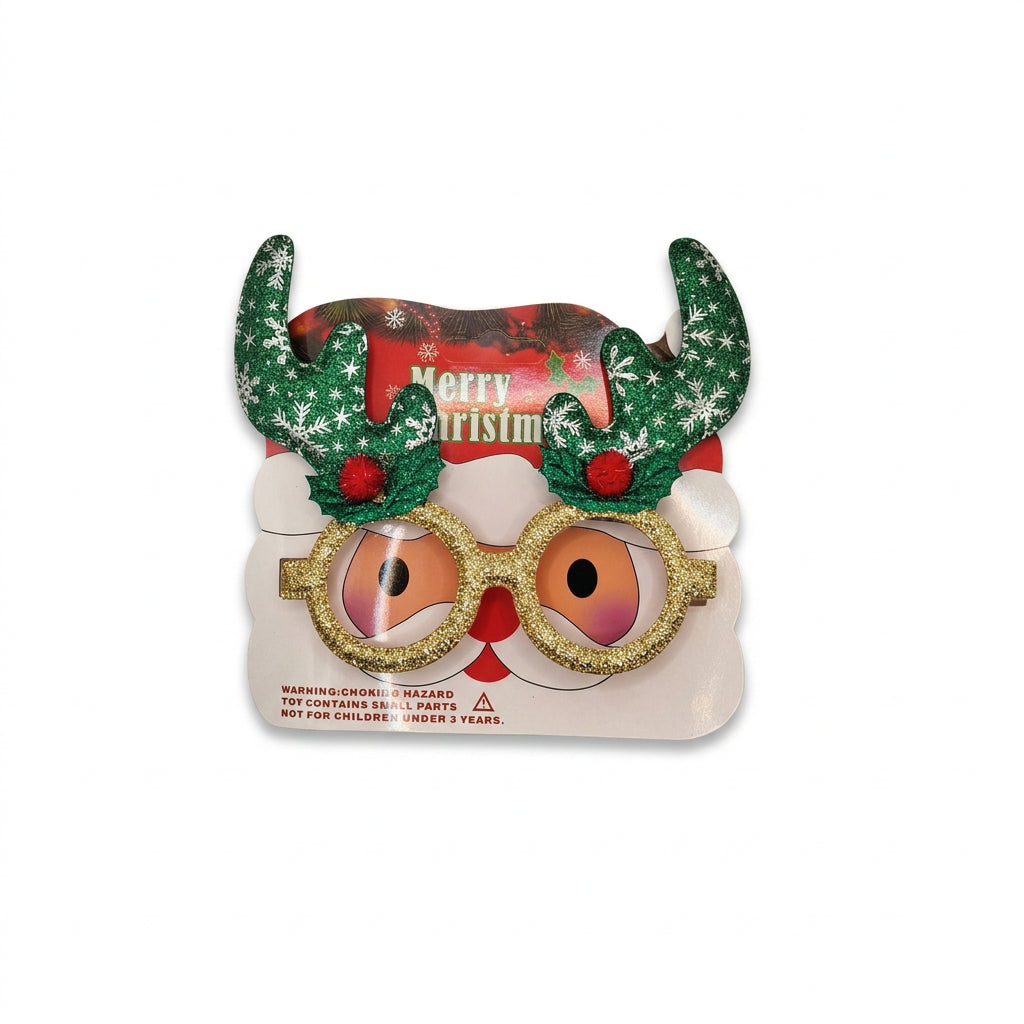 Christmas party glasses with green antlers and gold glitter frame