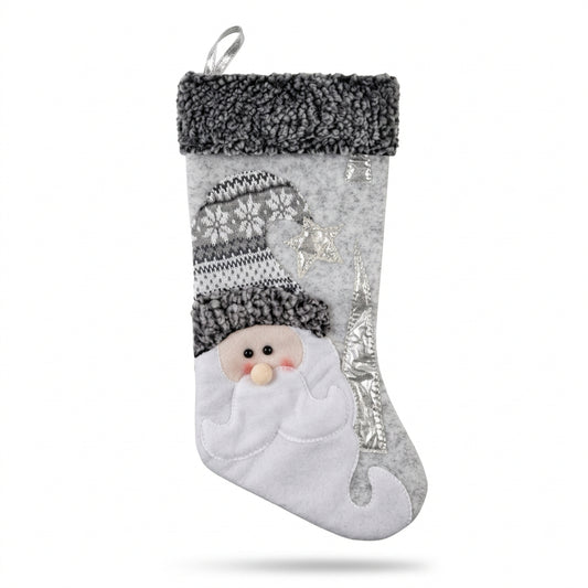 Grey Santa Christmas stocking 50cm with silver star and tree