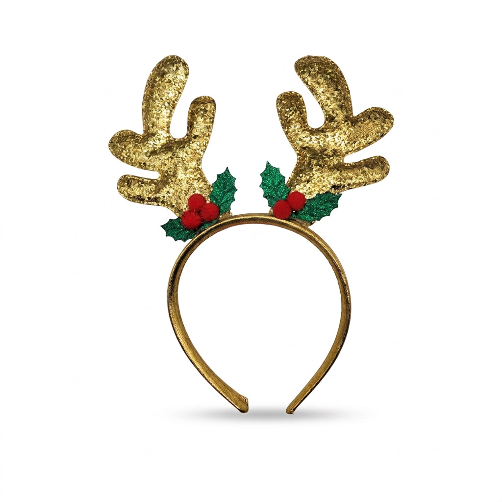 Gold glitter reindeer antler Christmas headband with holly