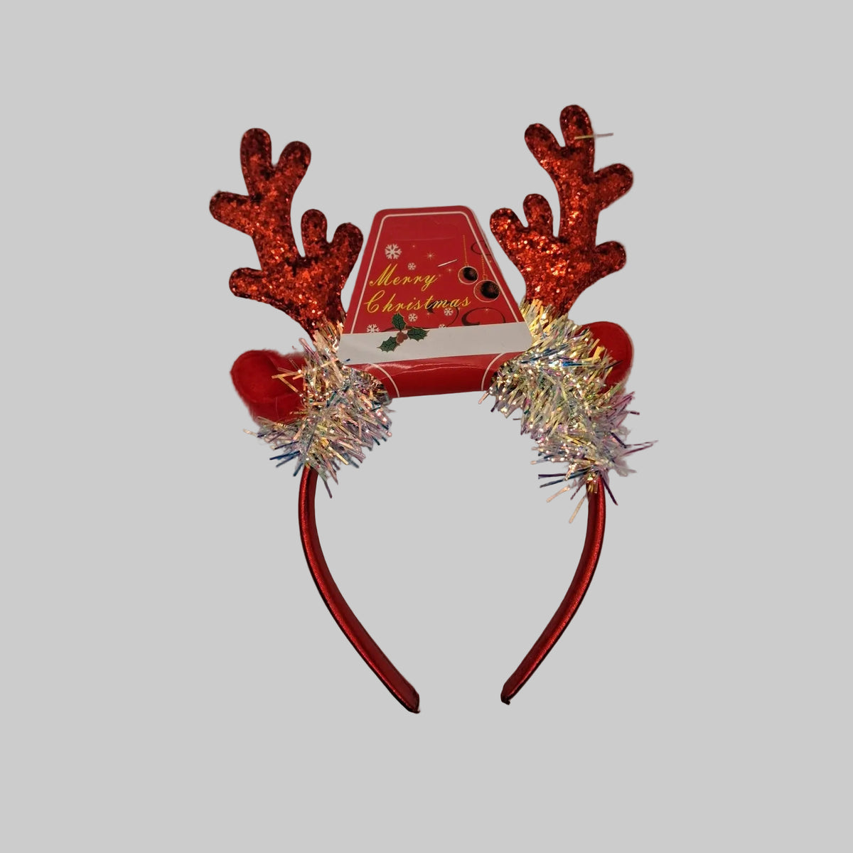 Red glitter reindeer antler Christmas headband with iridescent tinsel