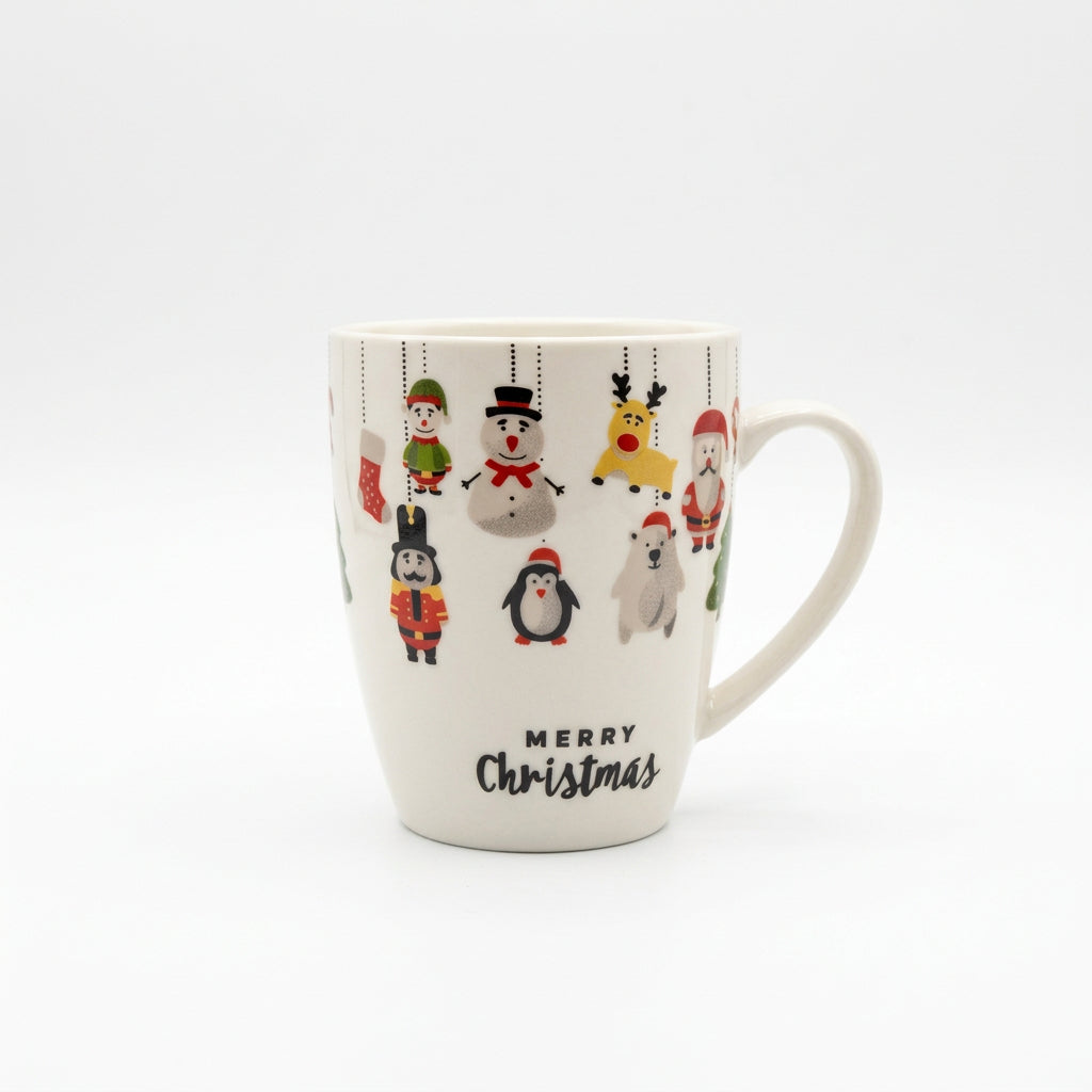 White mug with hanging Christmas characters and Merry Christmas
