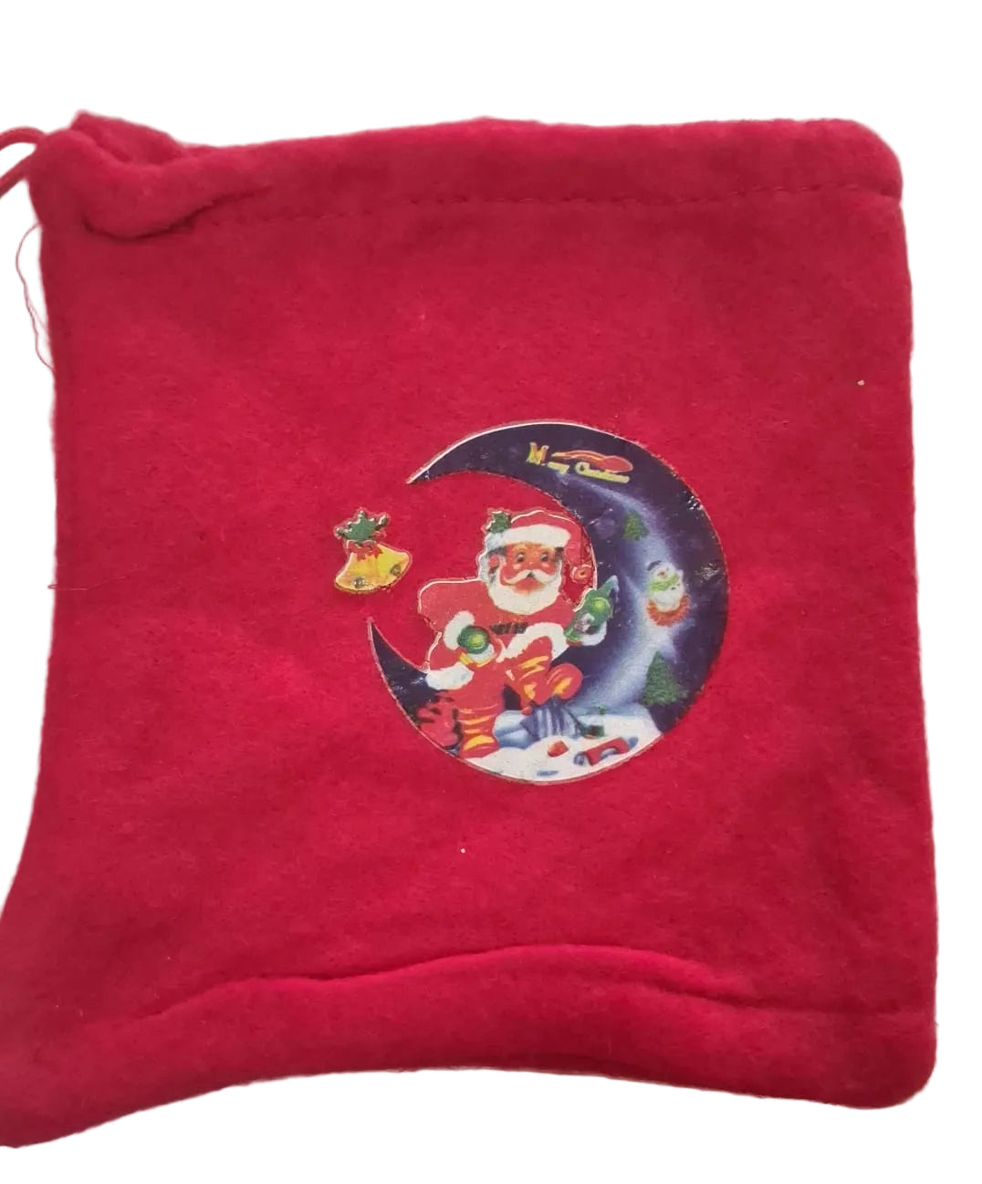 Red Felt Christmas Drawstring Gift Pouch Santa on the Moon