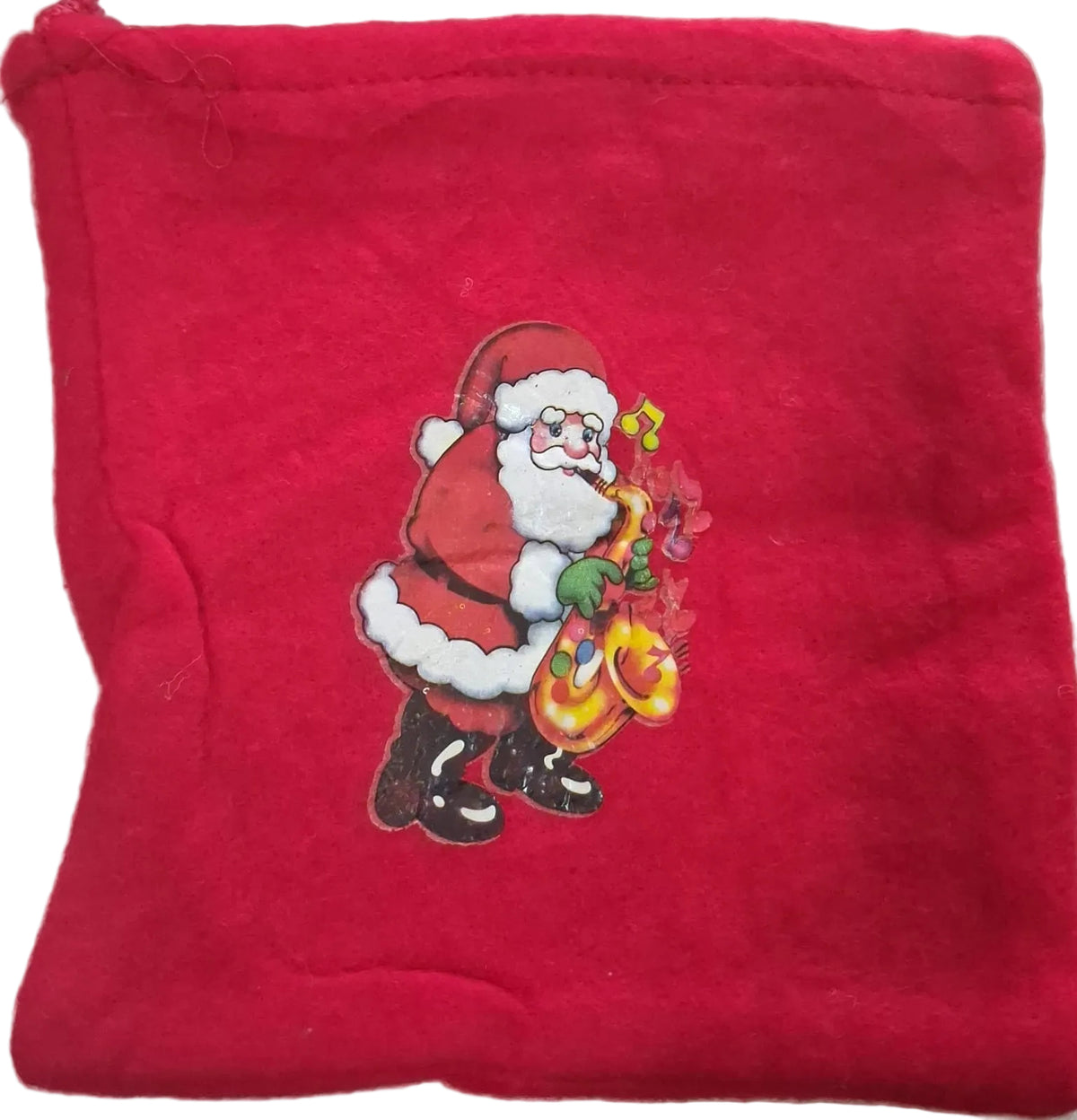 Red Felt Christmas Drawstring Gift Pouch Santa with Saxophone