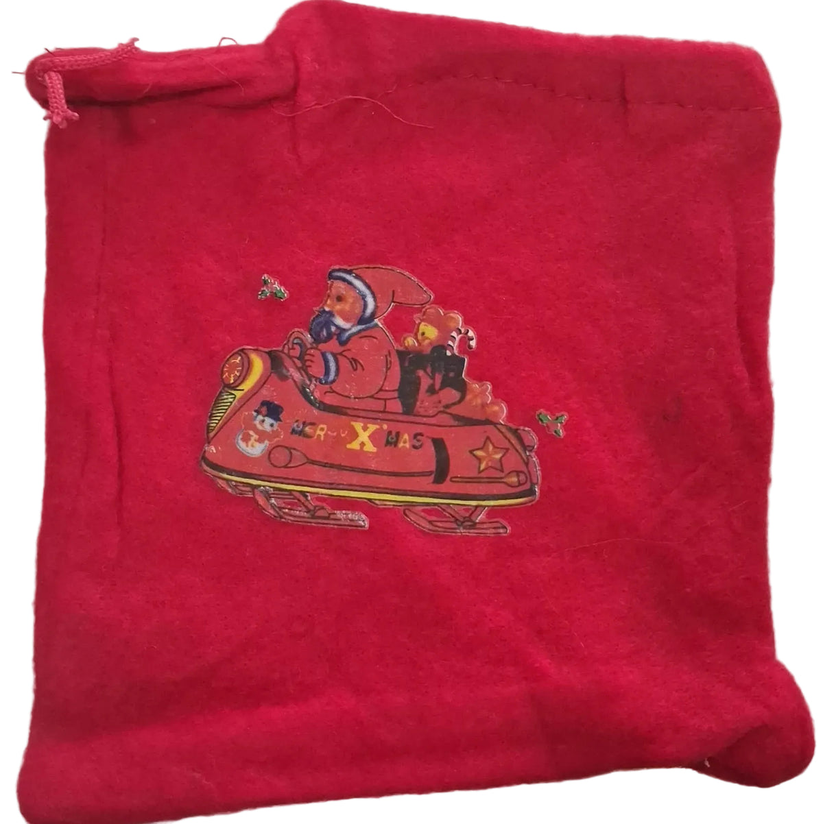 Red Felt Christmas Drawstring Gift Pouch Santa on Snowmobile
