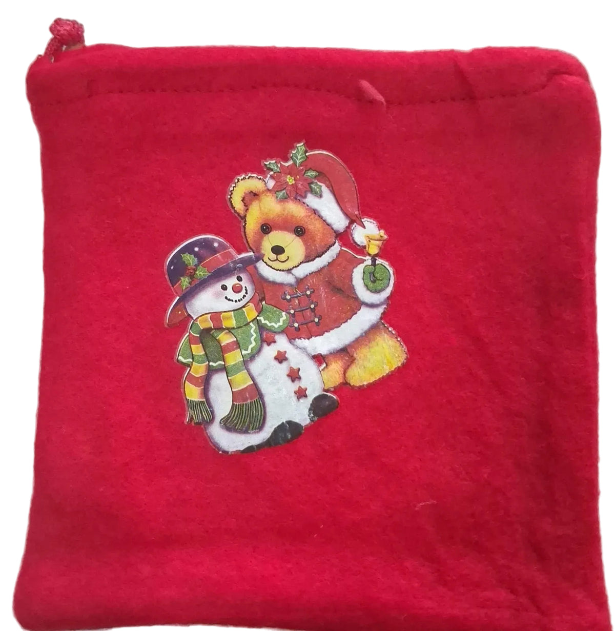 Red Felt Christmas Drawstring Gift Pouch Teddy Bear and Snowman