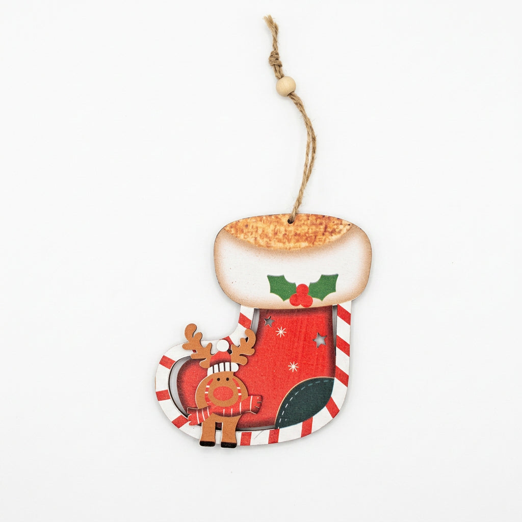 Red Christmas stocking ornament with reindeer