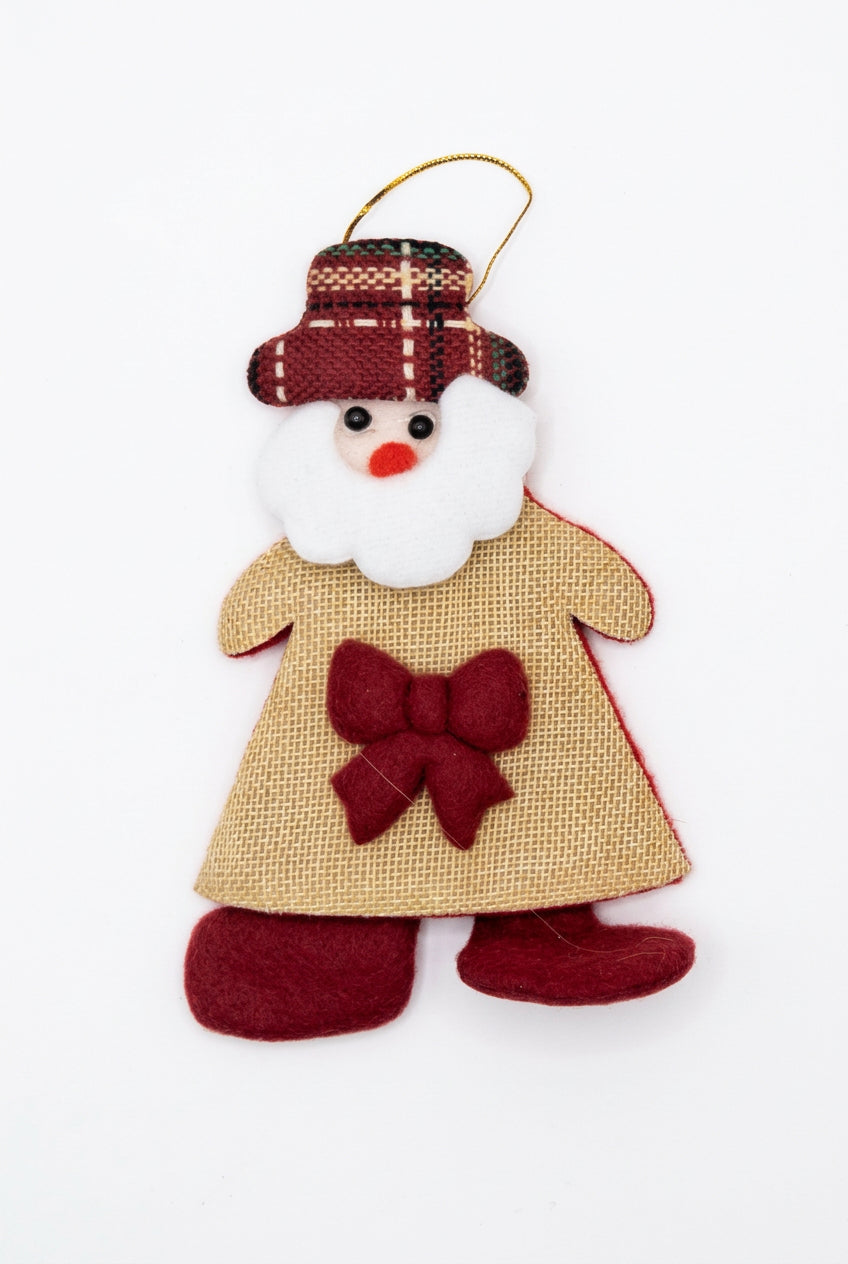 Santa ornament with plaid hat and burlap coat with red bow