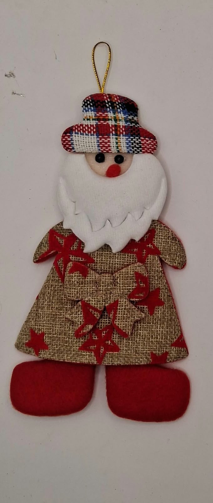 Santa ornament with burlap coat and red stars