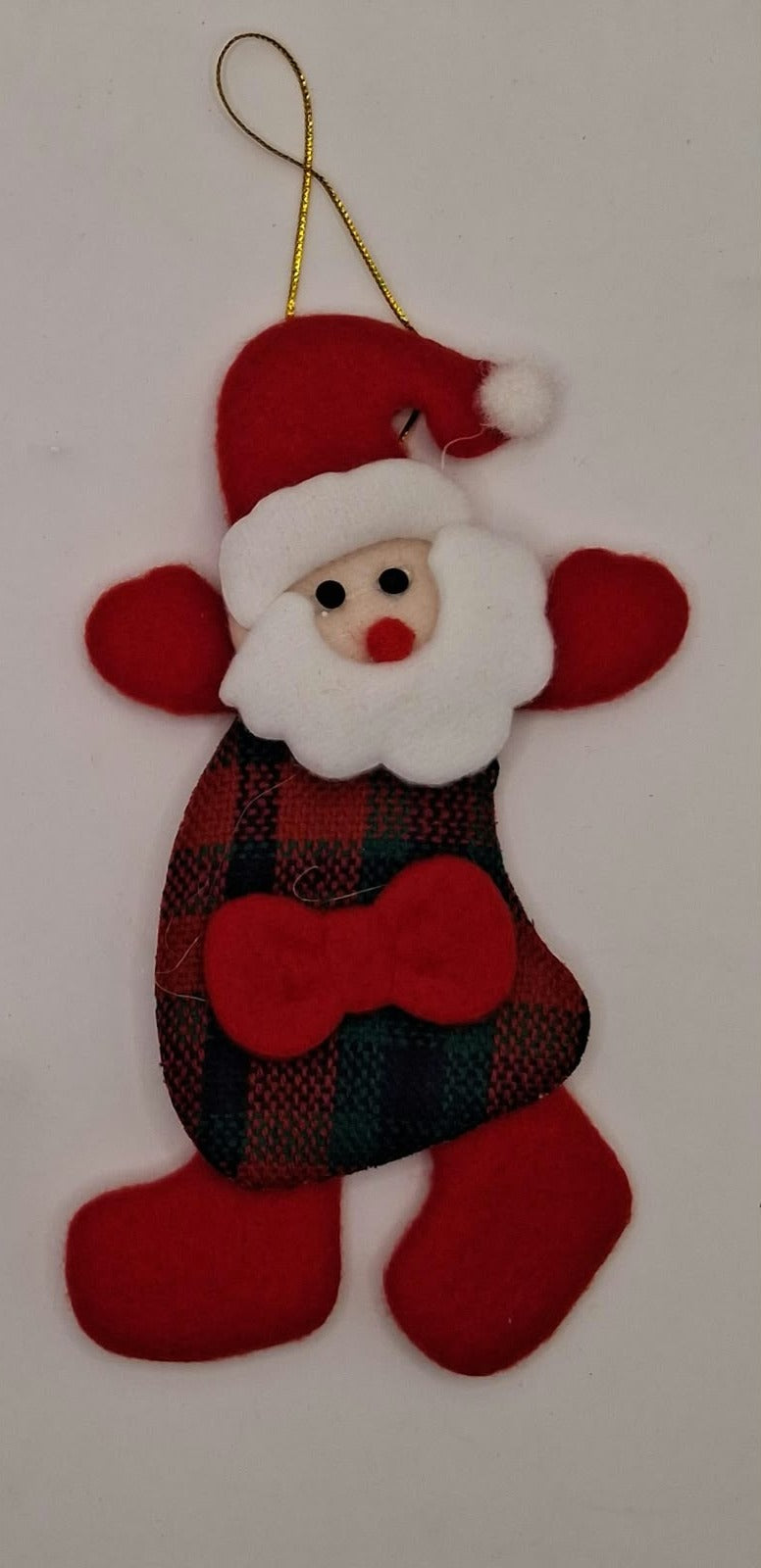 Santa ornament with red Santa hat and plaid coat