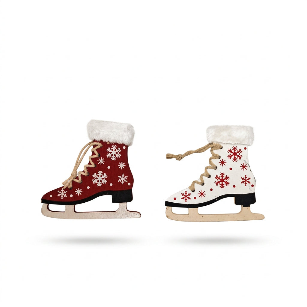 Red and white snowflake ice skate Christmas ornaments